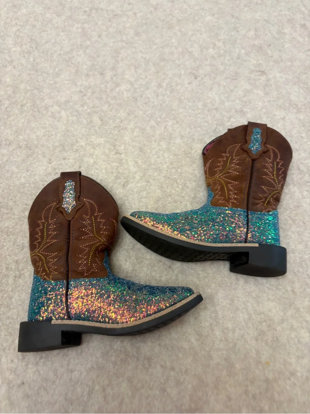 Smoky Mountain Glitter Blue Teal Brown Square Toe Western Cowgirl Boots Girls 11
